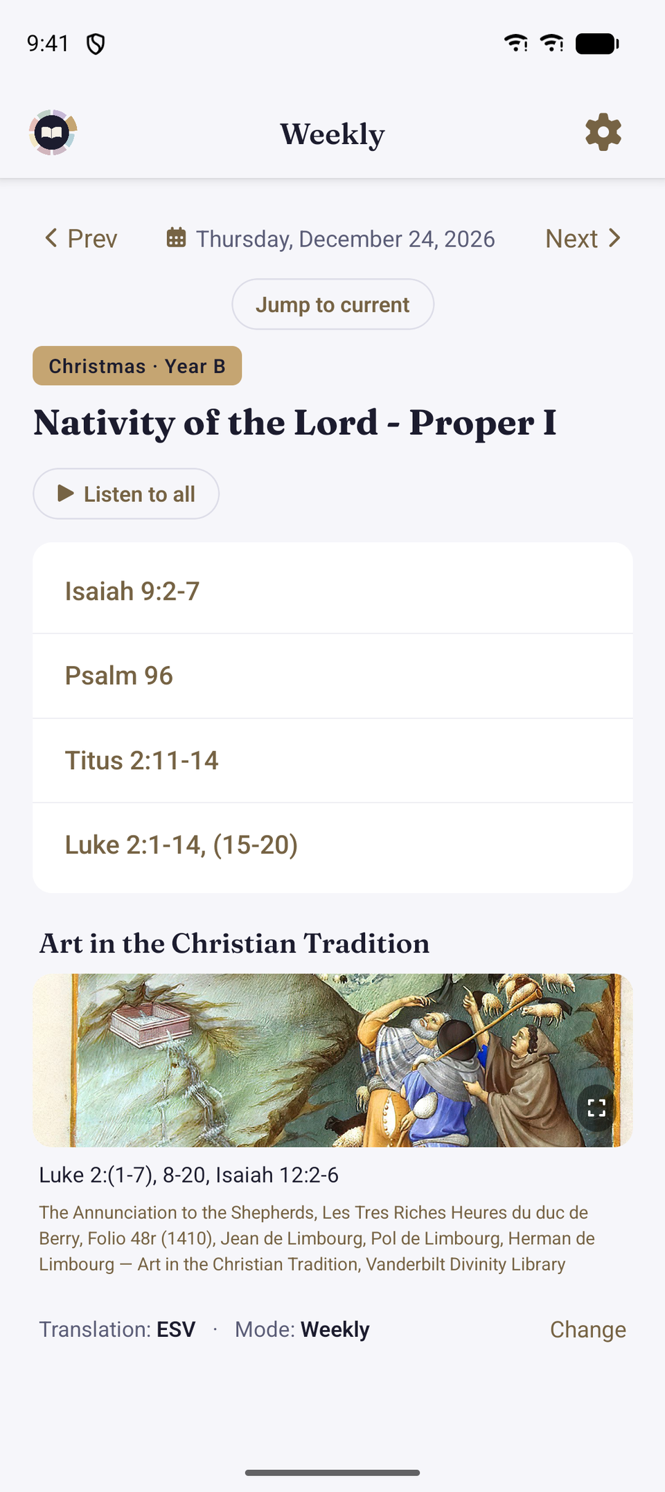 The app’s Weekly screen showing this week’s liturgical day, its four readings, and the week’s sacred artwork.
