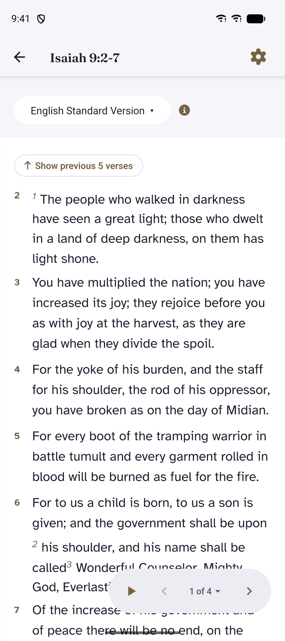 A full scripture passage from Luke in the app’s reading view.