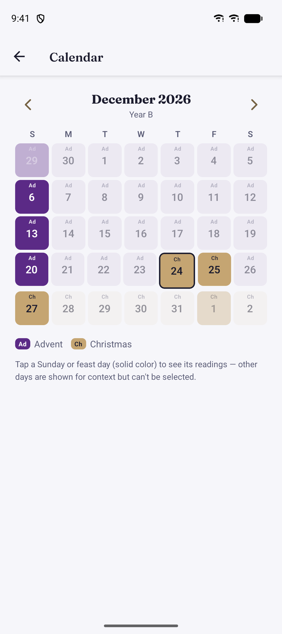 The liturgical calendar with days tinted by season, above a legend of the church seasons.