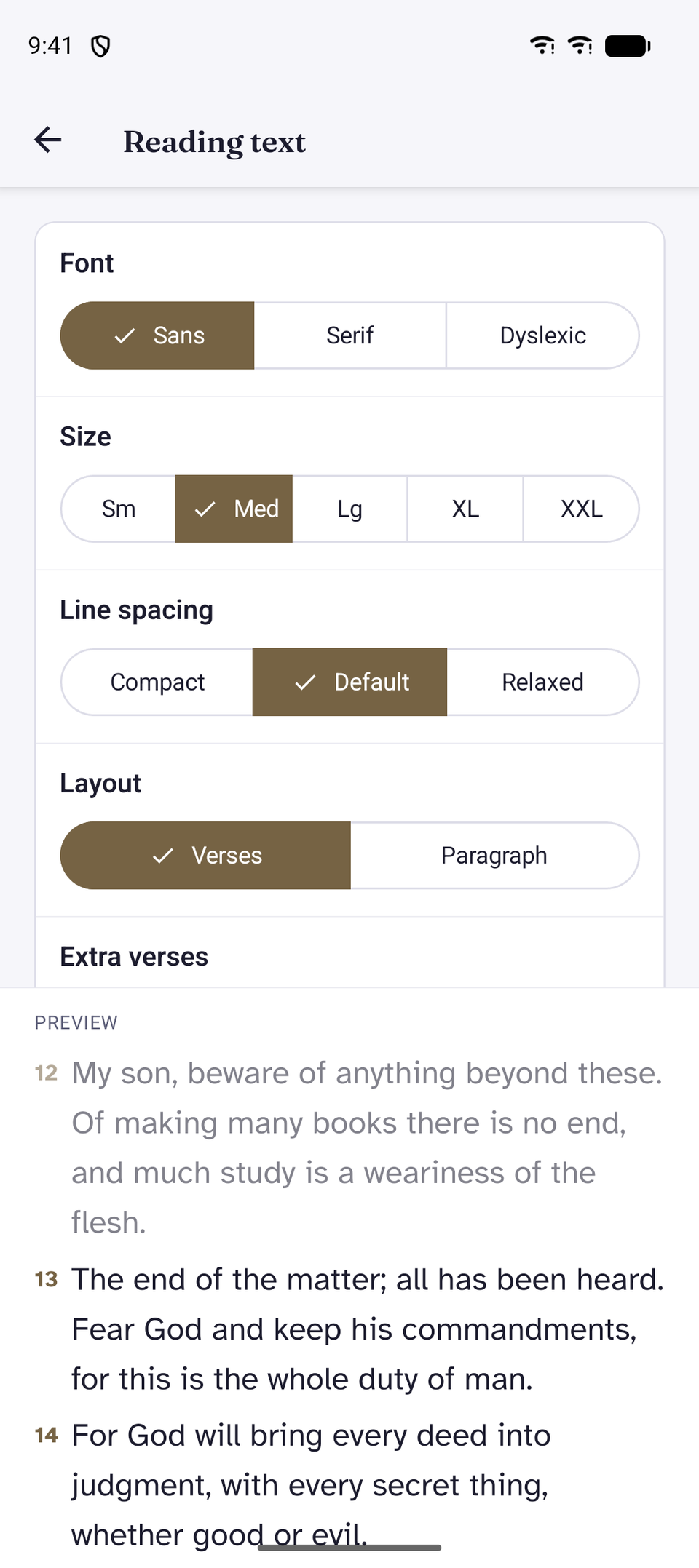 The app’s typography settings: type face, size, spacing, and layout controls above a live preview.