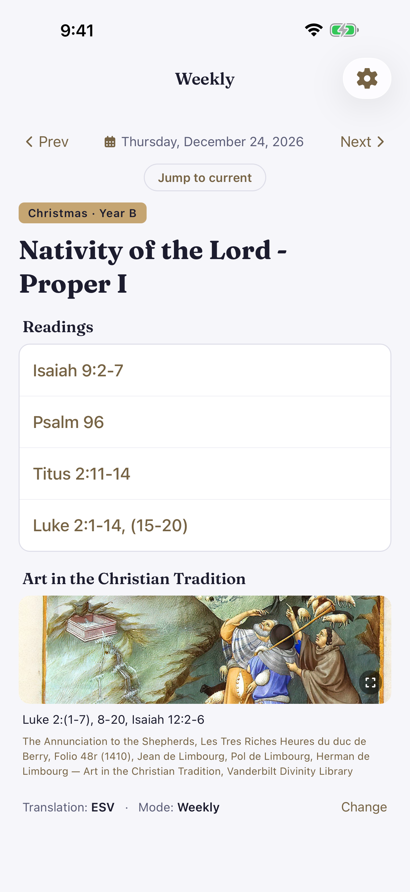 The app’s Weekly screen showing this week’s liturgical day, its four readings, and the week’s sacred artwork.