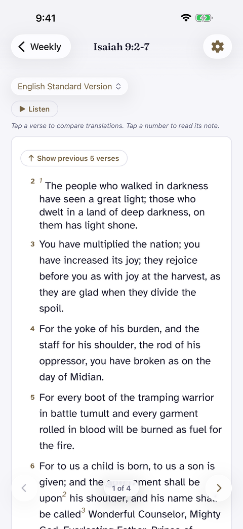 A full scripture passage from Luke in the app’s reading view.