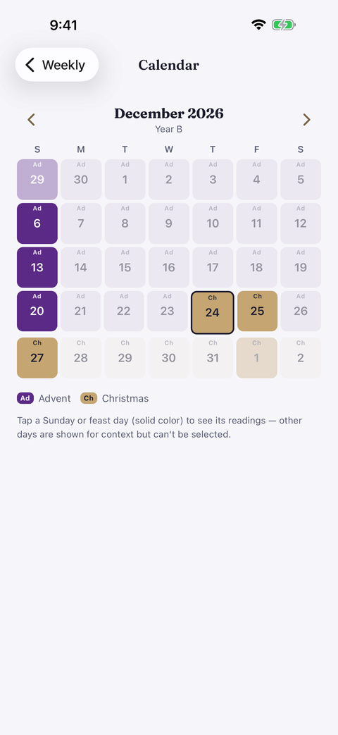 The liturgical calendar with days tinted by season, above a legend of the church seasons.