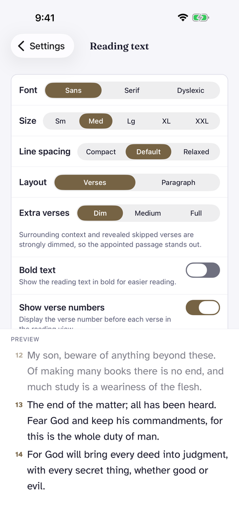 The app’s typography settings: type face, size, spacing, and layout controls above a live preview.