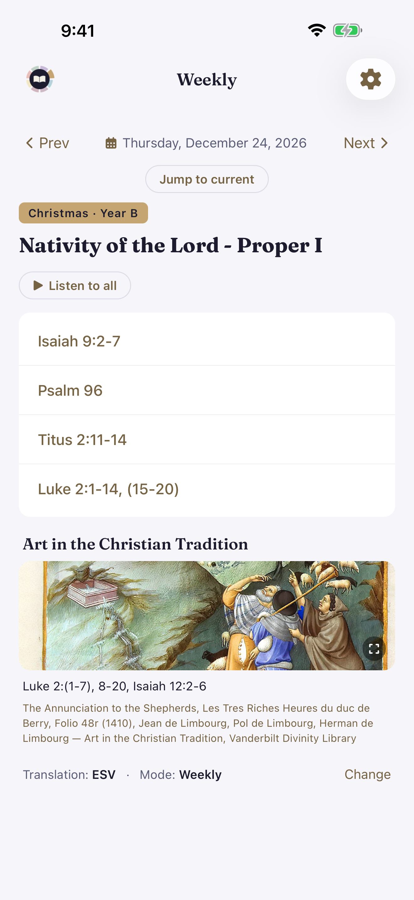 The app’s Weekly screen showing this week’s liturgical day, its four readings, and the week’s sacred artwork.