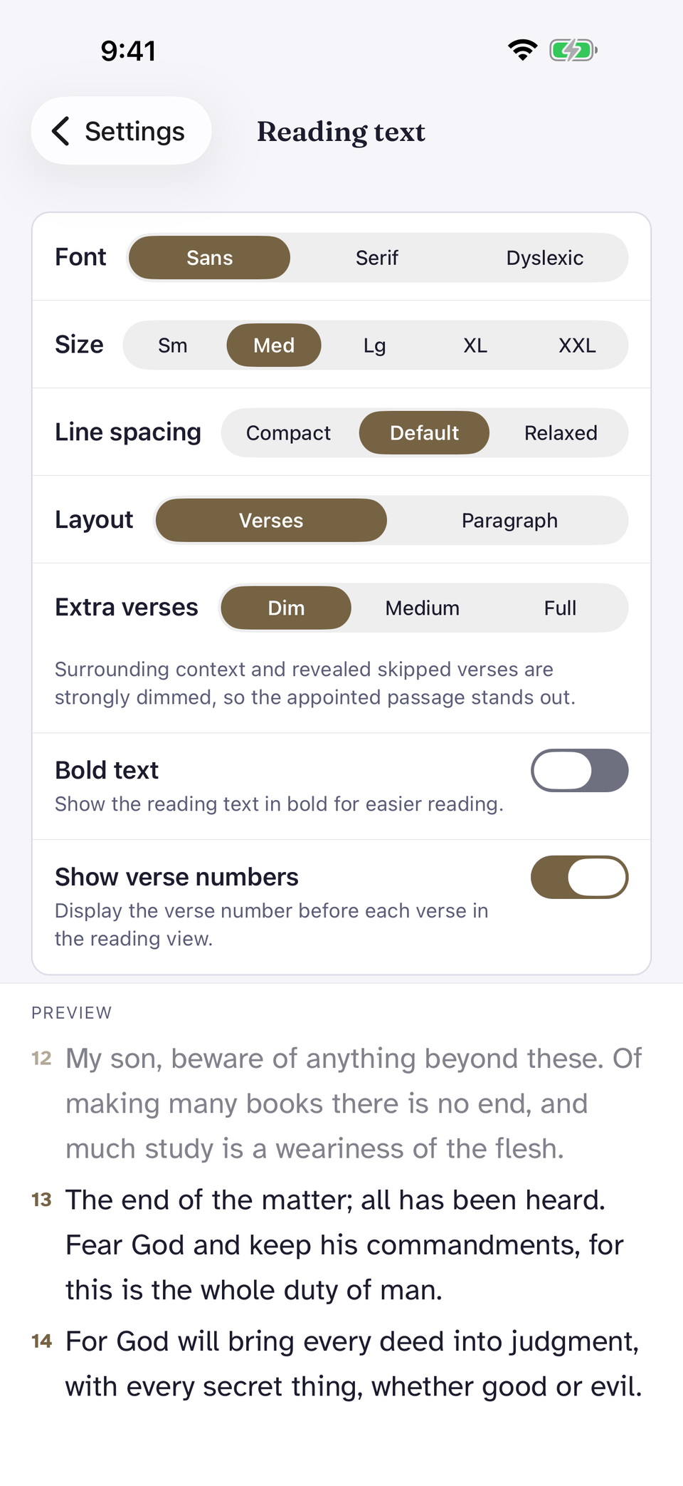 The app’s typography settings: type face, size, spacing, and layout controls above a live preview.